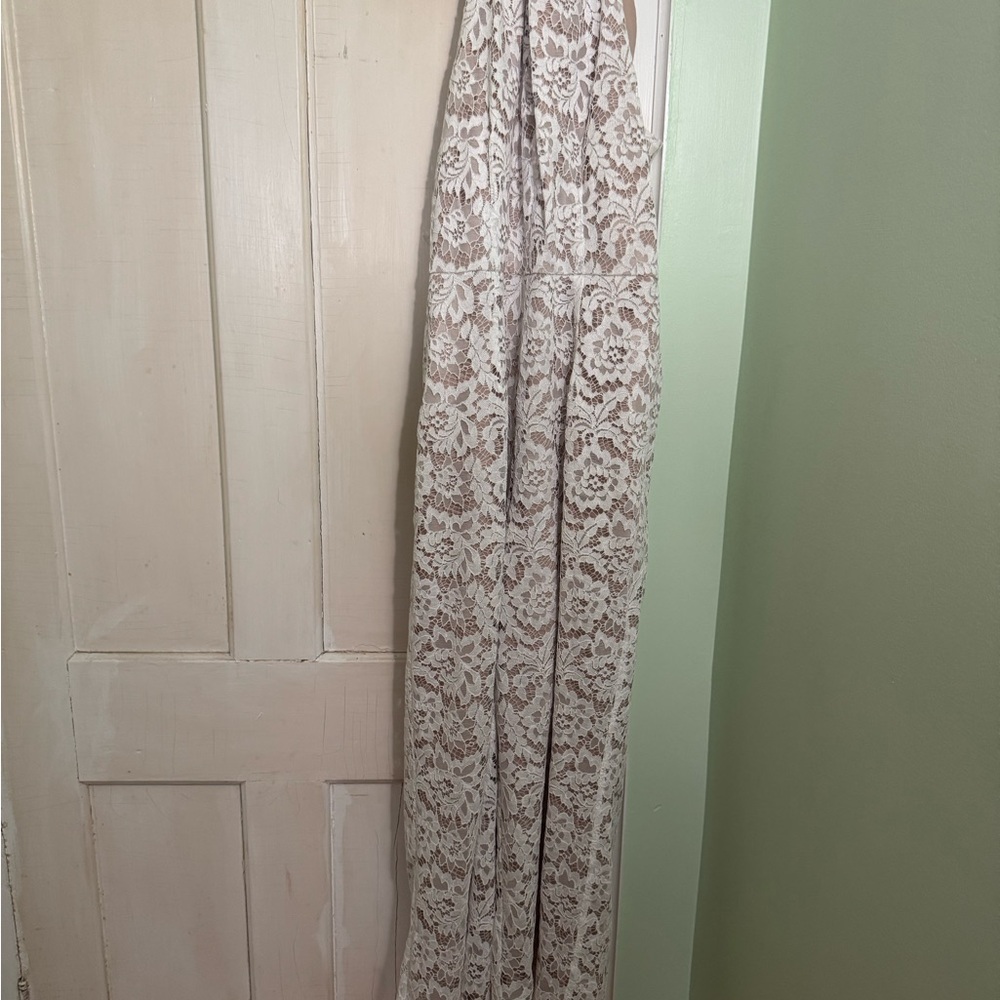 Julia Jordan Lace Overlay Jumpsuit in Cream and Tan
